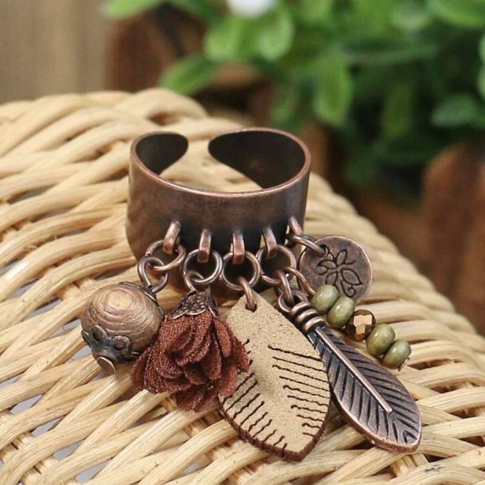 Bohemian Hippie Dangling Charms Wood Bead Feather Fabric Flower Copper Adj Ring - Picture 9 of 16